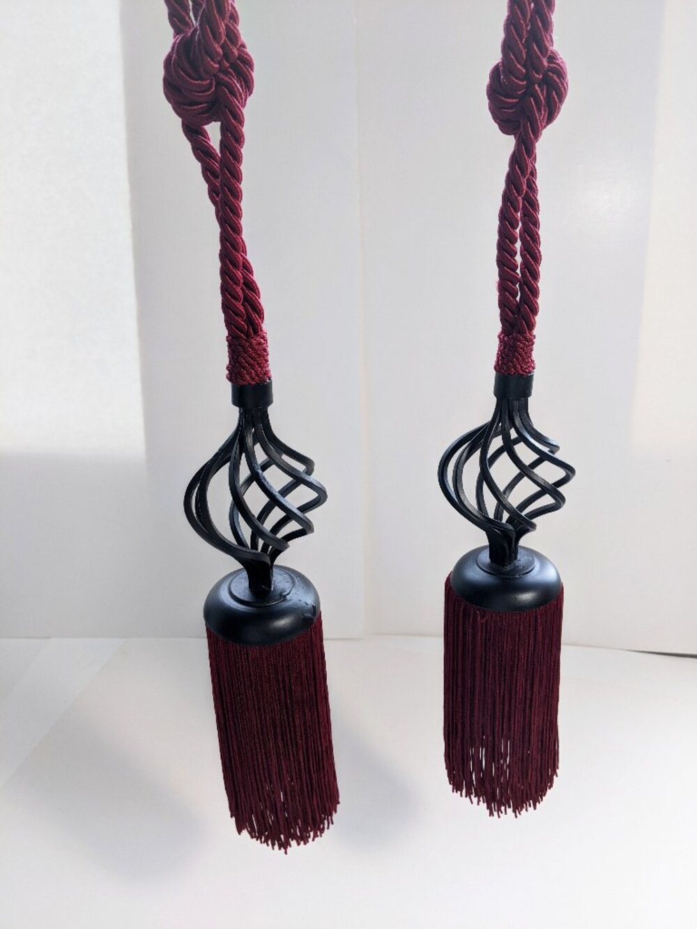 Pair of Twisted Cage Burgundy Dark Red Curtain Tassel Tie Backs - NEW